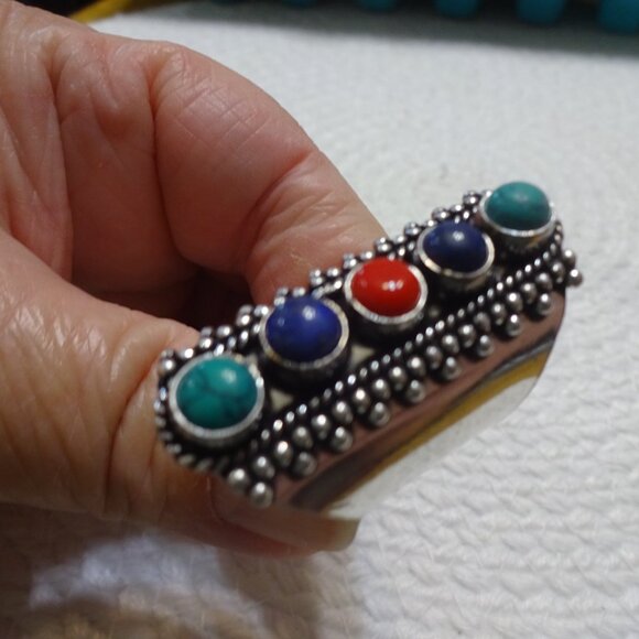 Unique TURQUOISE, LAPIS & RED CORAL Handmade Sterling 925 Ring Size 11 #845C - Picture 4 of 4